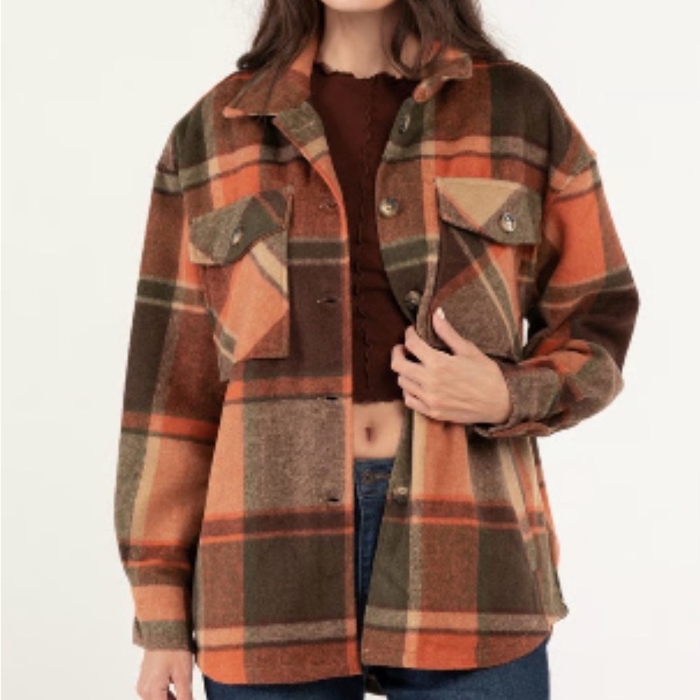 Ashley By 26 International Orange Brown Plaid Utility Jacket